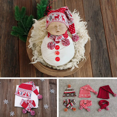 Baby Photography Accessories Cute Woolen Knitted Christmas Snowman Hat And Scarf Set Studio Photo Props For Newborn Background