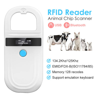 Handheld 134.2KHz 125kHz Animal RFID Reader Pet Cat Dog Microchip Scanner FDX-B Glass Chip USB/Bluetooth Tag Reader with Tags