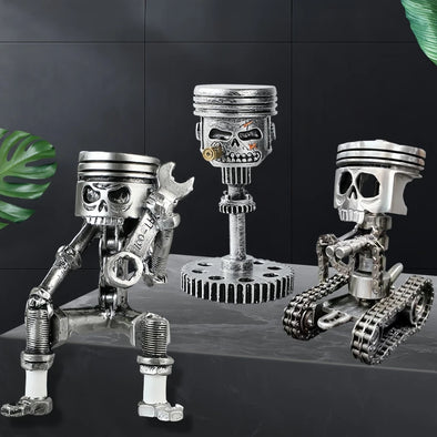 Carving Piston Skull Face Sculpture Mechanical Punk Resin Figurine Art Ornaments Creatives Funny Office Home Table Decorations