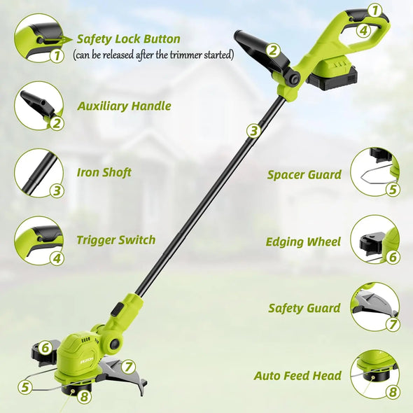 12-inch 20V Cordless String Trimmer with Fast Charger, 2 X 2.0Ah Battery Powered with Auto Line Feed, Lawn Edger with 8 Pcs Gras