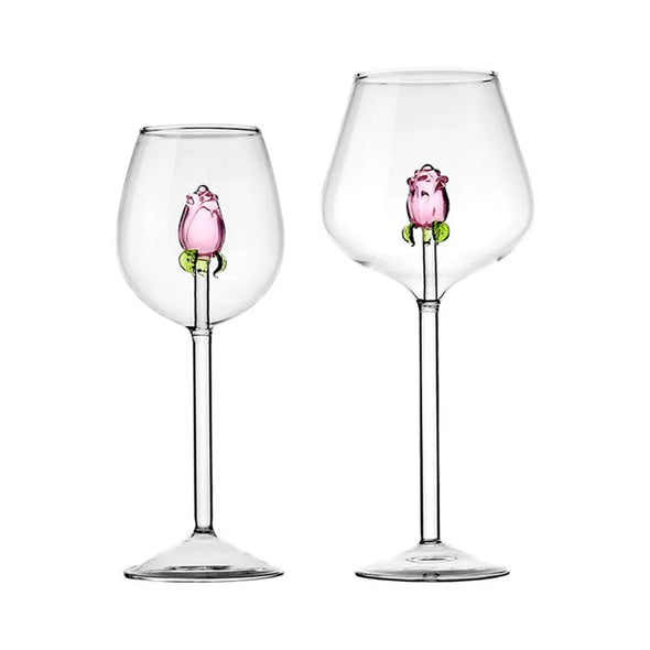 1 Piece Creative 3D Pink Glass Rose Build-in Red White Wine Glasses Cup Stemware Goblets Champagne Flute Household Lovely Gift