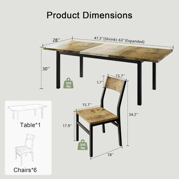 63" Kitchen Table Set with 6 Chairs, 7-Piece Extendable Dining Table Set for 4-6, Mid-Century Modern Dining Room Desk