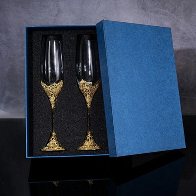 Wedding Glasses Metal Base With Crystal Stones Fashion Champagne Flute Set for Couples Engagement Wedding House Warming Gift