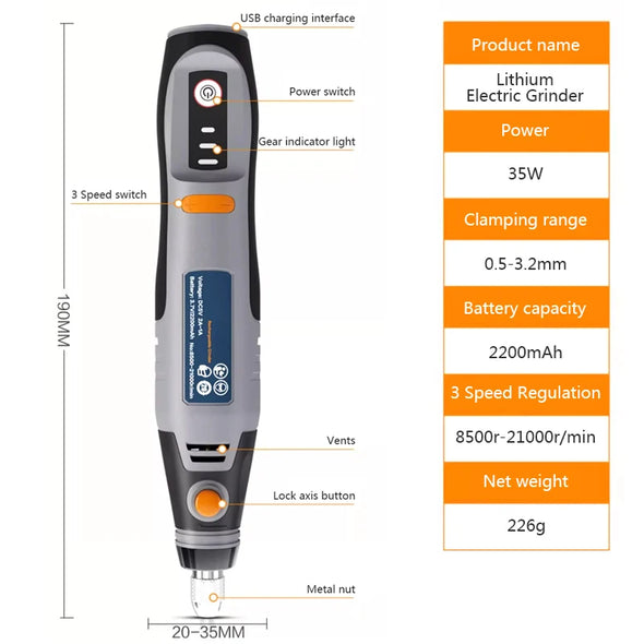 35W USB Cordless Rotary Tool Dremel DIY Mini Drill Engraving Pen Electric 3 Speed Mini Wireless Drill Set 8500r-21000r/min