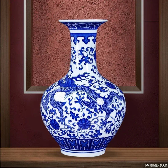 Chinese Jingdezhen Blue And White Ceramic Vase Ornaments Home Livingroom Furnishing Crafts Cafe Office Store Accessories Decor