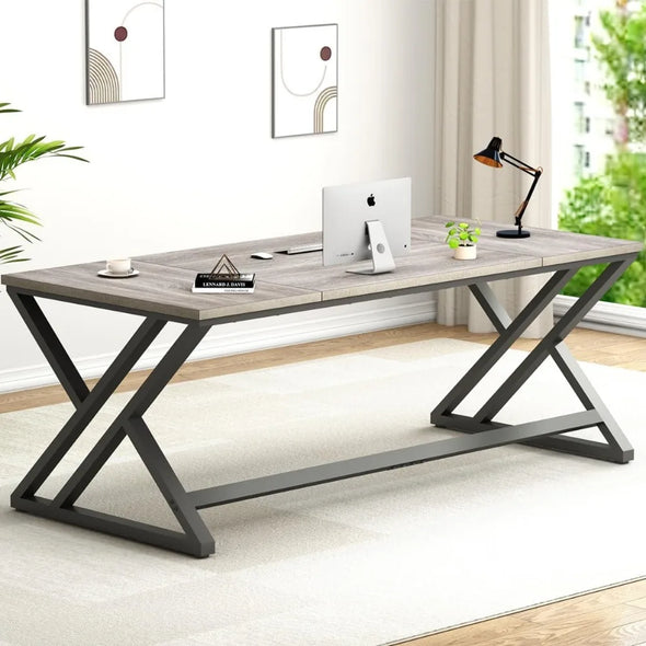 70.8" Long Office Desk, Modern Large Wood Metal Computer Desk, Industrial Double Workstation Desk for Two People