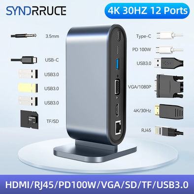 12 In 1 USB C Type C HUB for MacBook Pro DELL Type-c Hub To PD RJ45 VGA HD 4k@30Hz USB 3.0 TF SD Adapter Docking Station