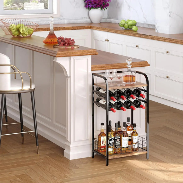 3-Tier Wine Bar Table: Small Liquor Bottle Holder with 8-Bottle Wine Rack Mini Wine Bar Cabinet Corner Whiskey Display Shelf