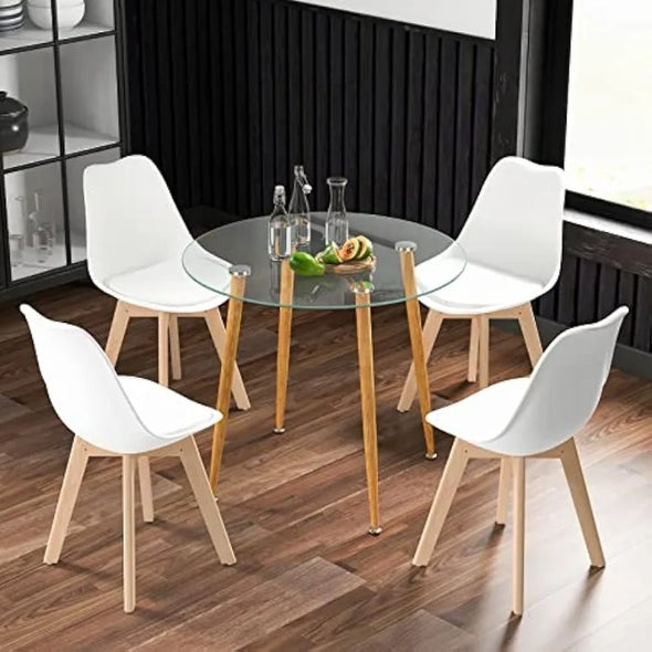 Dining Table Set for 4, Modern 5-Piece Dining Room Set w/ 1 Round Tempered Glass Table & 4 High Back Chairs, 3 Pack