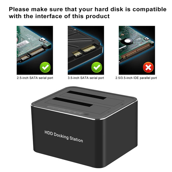 2 Bay 2.5 3.5 inch Hard Drive Docking Station USB3.0 to SATA HDD Case Dual HDD Dock Support 32TB Mobile HDD Enclosure