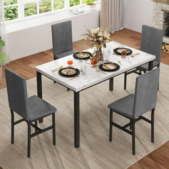 Dining Table Set for 4, Modern Kitchen Table and Chairs Space Saving  with Faux Marble 5 Piece Dining Room Table Set Furniture