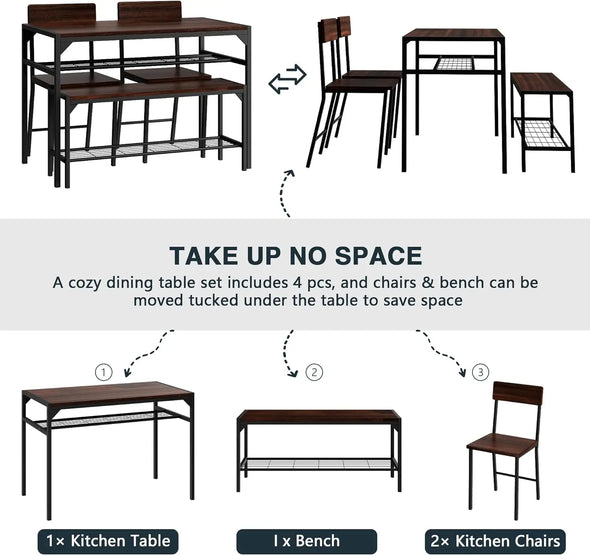 Dining Table for 4 with 2 Chairs and a Storage Bench, Small Kitchen Table Set with Wine Rack, Rectangular Computer Desk