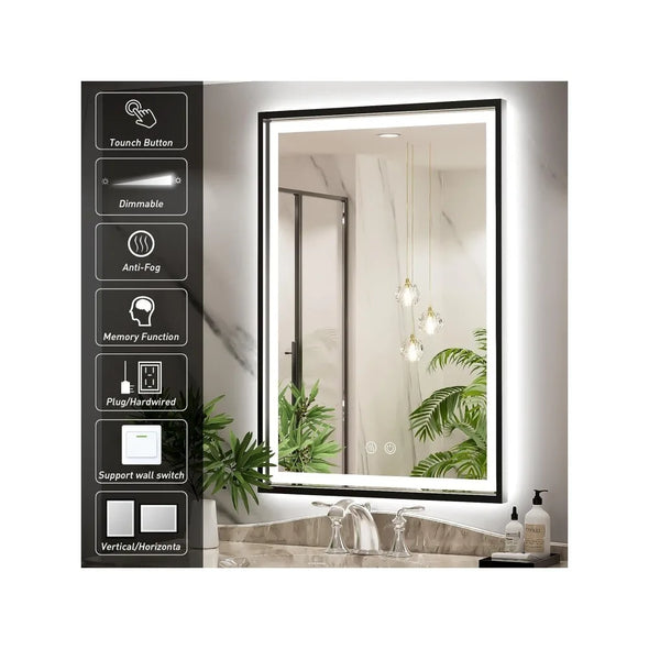 24x36 Inch LED Bathroom Mirror with Lights,Front and Backlit Black Metal Frame Mirror,Wall Mounted Lighted Vanity Mirrors