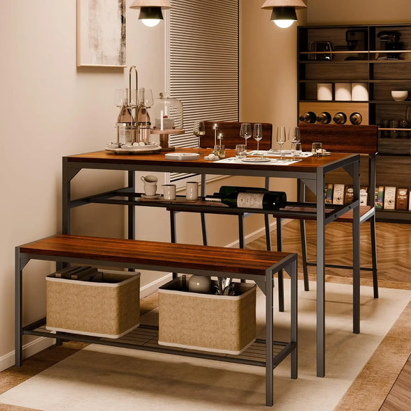 Dining Table for 4 with 2 Chairs and a Storage Bench, Small Kitchen Table Set with Wine Rack, Rectangular Computer Desk