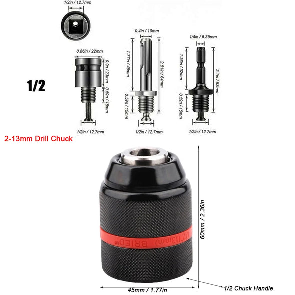 2-13mm Keyless Threaded Metal Drill Chuck, Hex Shank/SDS/Square Quick Grip Adapter, Chuck for Drill Bits Screwdriver Tap&Sockets