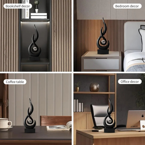 Abstract Statue Sculpture Decorations: Modern Black Sculptures for Home Decor Resin Art Flame with Glass Ball Figurines