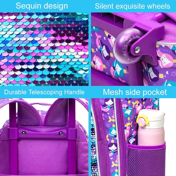 3PCS Rolling Backpack for Girls Kids Roller Wheels Bookbag with Lunch Bag Pink Fishtail Glow-in-the-dark Function