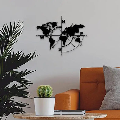 Metal World Map Wall Art Compass Design Wall Decor Hanging Art For Home Office School Classroom Living Room Bedroom Decorations