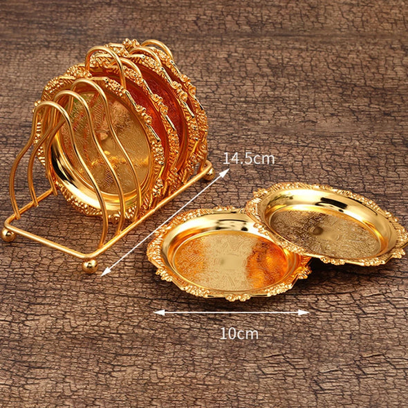 6pcs Golden Dining Plates Set Mini Cake Plates Vintage Serving Tray Rack Alloy Dessert Plate Placemat Snack Tray Dishes Rack Set