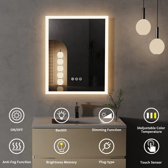 16x20 inch LED Lighted Bathroom Mirror with Anti-Fog, Wall Mounted Vanity Mirror with Smart Touch Button, Memory Function