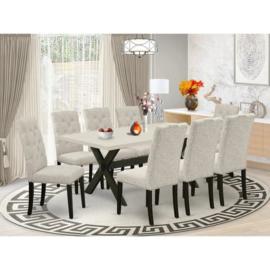 9-Pc Modern Dining Table Set - Small Kitchen Table Rectangular Top - 8 Beautiful Parson Chairs Linen Fabric Seat and Back