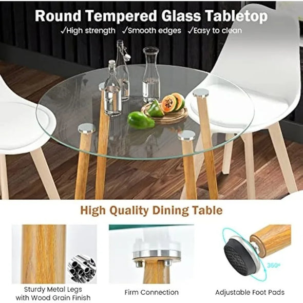 Dining Table Set for 4, Modern 5-Piece Dining Room Set w/ 1 Round Tempered Glass Table & 4 High Back Chairs, 3 Pack