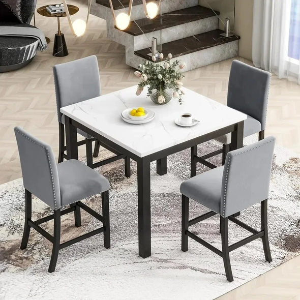 5 Piece Dining Room Table Set for Kitchen with Faux Marble Dining Table and 4 Upholstered-Seat Chairs,Living Room Furniture