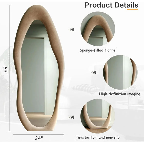 Full Length Mirror, 63" X 24",Irregular Wavy Mirror Hanging, Flannel Wrapped Wooden Frame Floor Mirrors