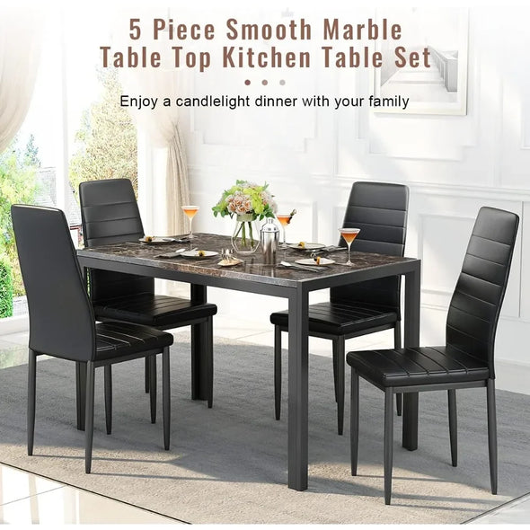 Dining Table Set 5 Piece, Marble Top and High Chairs for Breakfast Nook Small Spaces(Brown), Modern Kitchen Table