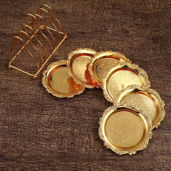 6pcs Golden Dining Plates Set Mini Cake Plates Vintage Serving Tray Rack Alloy Dessert Plate Placemat Snack Tray Dishes Rack Set