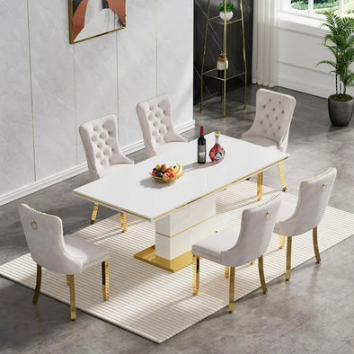 Dining Table Set for 6, Table Set with Tufted Dining Chairs, Kitchen Tables w/Stainless Steel Base, Dining Tables and Chairs Set