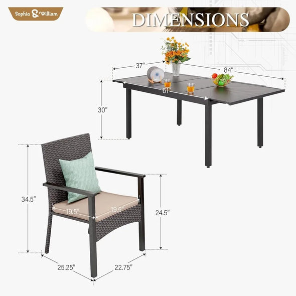 9 Pieces Expandable Patio Dining Set for 8, Metal Patio Table and Rattan Wicker Chairs Set, Table and Chair Set