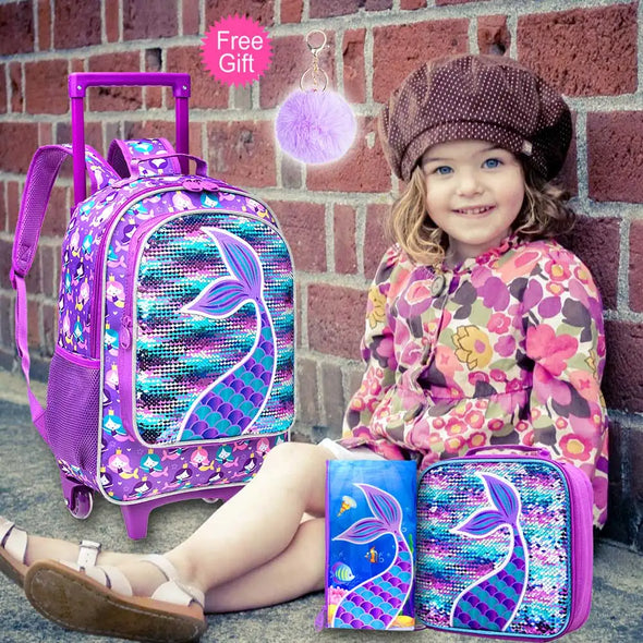 3PCS Rolling Backpack for Girls Kids Roller Wheels Bookbag with Lunch Bag Pink Fishtail Glow-in-the-dark Function