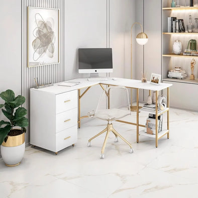 Office Desk L-shape desk in an industrial wood grain touch with steel accents.Three White pullout storage drawers Office Desk