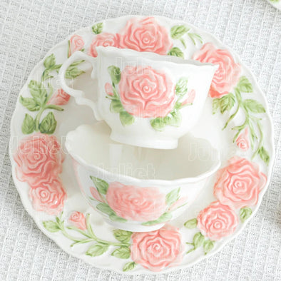 Relief Rose Dinner Plate Nordic Style Ceramic Plates Coffee Cup Classic Flower Pattern Tableware Steak Pasta Dish Set Household