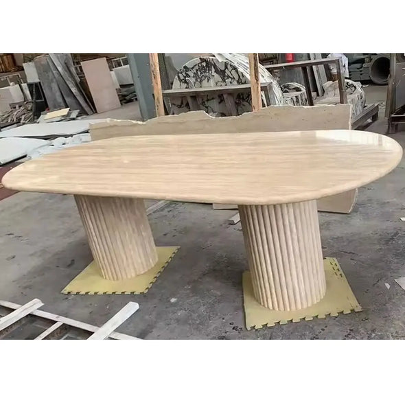 Customized Cava Fluted Oval Beige Travertine Dining Table Living Room Stone Furniture Travertine Dining Table