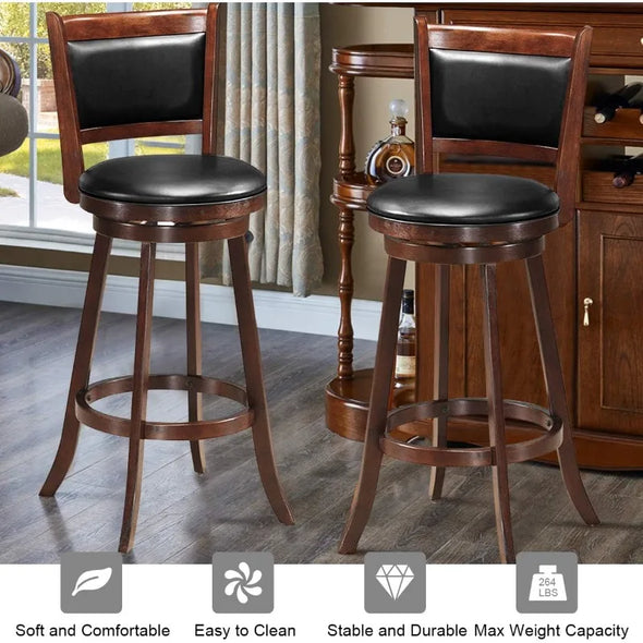 Bar Stools Set of 2, 360 Degree Swivel, Accent Wooden Swivel Seat Bar Height Stool, Leather Upholstered Design, PVC Cushioned