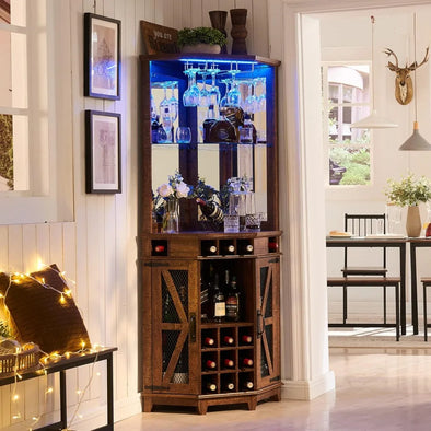 72" Tall Farmhouse Wine Bar Cabinet w/Barn Door & Adjustable Shelf, Home Bar Cabinet w/LED Light & Glass Rack for Dining Room