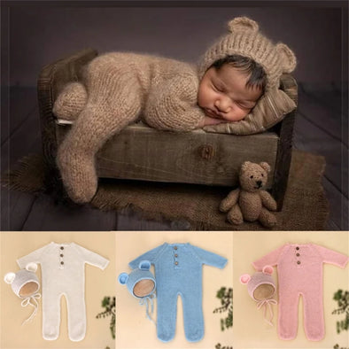 2Pcs Photography Props for Baby Boy Girls Unisex Jumpsuit Bear Ear Hat Footed Romper Newborn Photoshooting Accessories W3JF