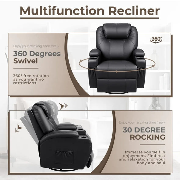 2024 New Rocker Recliner Chair with Massage and Heat for Elderly, Leather Adjustable 360°Swivel Rocking Sofa for Living Room