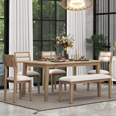 6-Piece Wooden Dining Table Set with 4 Upholstered Chairs and 1 Bench, Natural Wood Wash, Kitchen Table Sets