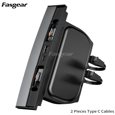 Fasgear 4-Port USB Hub Docking Station for Tesla Model 3/Y 2021-2023 Y 2024 with 2 Retractable Type C Cables for Center Console