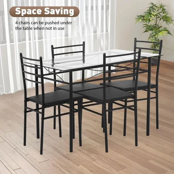 Kitchen dining table and chairs 5-piece set, classic dining table set, glass top table and 4 rectangular chairs with metal legs