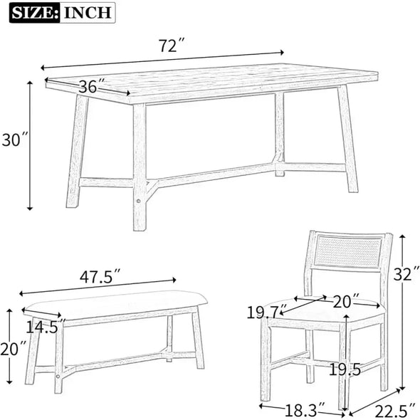 Wood Dining Table Set for 6 with 4 Chair & Bench， Kitchen Table and Chairs，Household dining table set