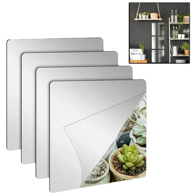 4PcsAcrylic Mirrors Set Self- Adhesive Mirror Tiles 2mm Thick Flexible Unbreakable Mirror Stickers Reflective Square Mirror Wall