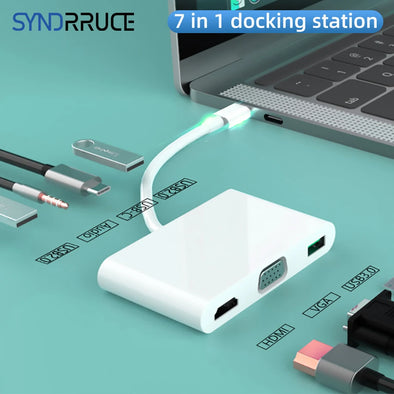 7 ports USB C Hub Type-C For Macbook Accessories Dock Staotion Switch Adapter To HDMI-4K VGA 1080P 3.5MM AUX PD Charge USB 3.0