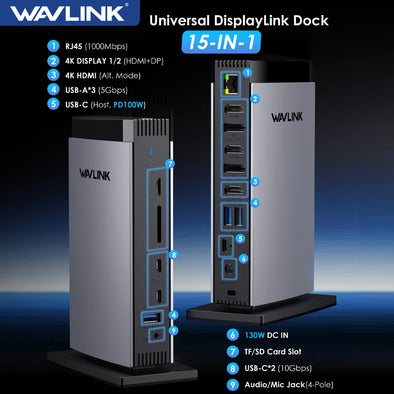 WAVLINK Universal DisplayLink Triple 4K USB C Docking Station USB 3.0 Laptop Dock PD100W Charging For M1 M2 M3 Mac and Windows