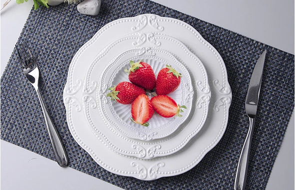 3pcs set, 6+8+10inch, white embossed porcelain charger plates for wedding, nordic ceramic buffet dinner plate, soup plates set