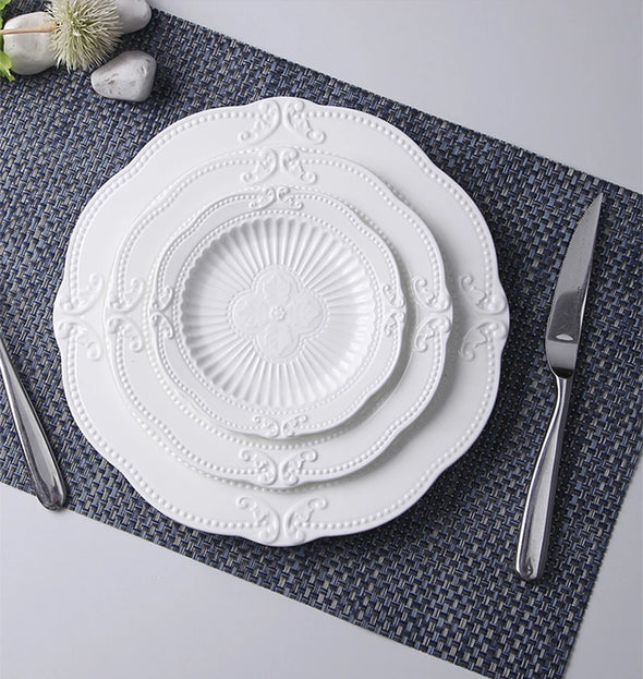 3pcs set, 6+8+10inch, white embossed porcelain charger plates for wedding, nordic ceramic buffet dinner plate, soup plates set