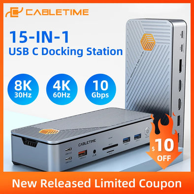 CABLETIME 8K USB C Docking Station 15 in 1 Type C to HDMI DP USB 3.2 1000Mbps PD 100W for Windows Steam Deck Nintendo Switch